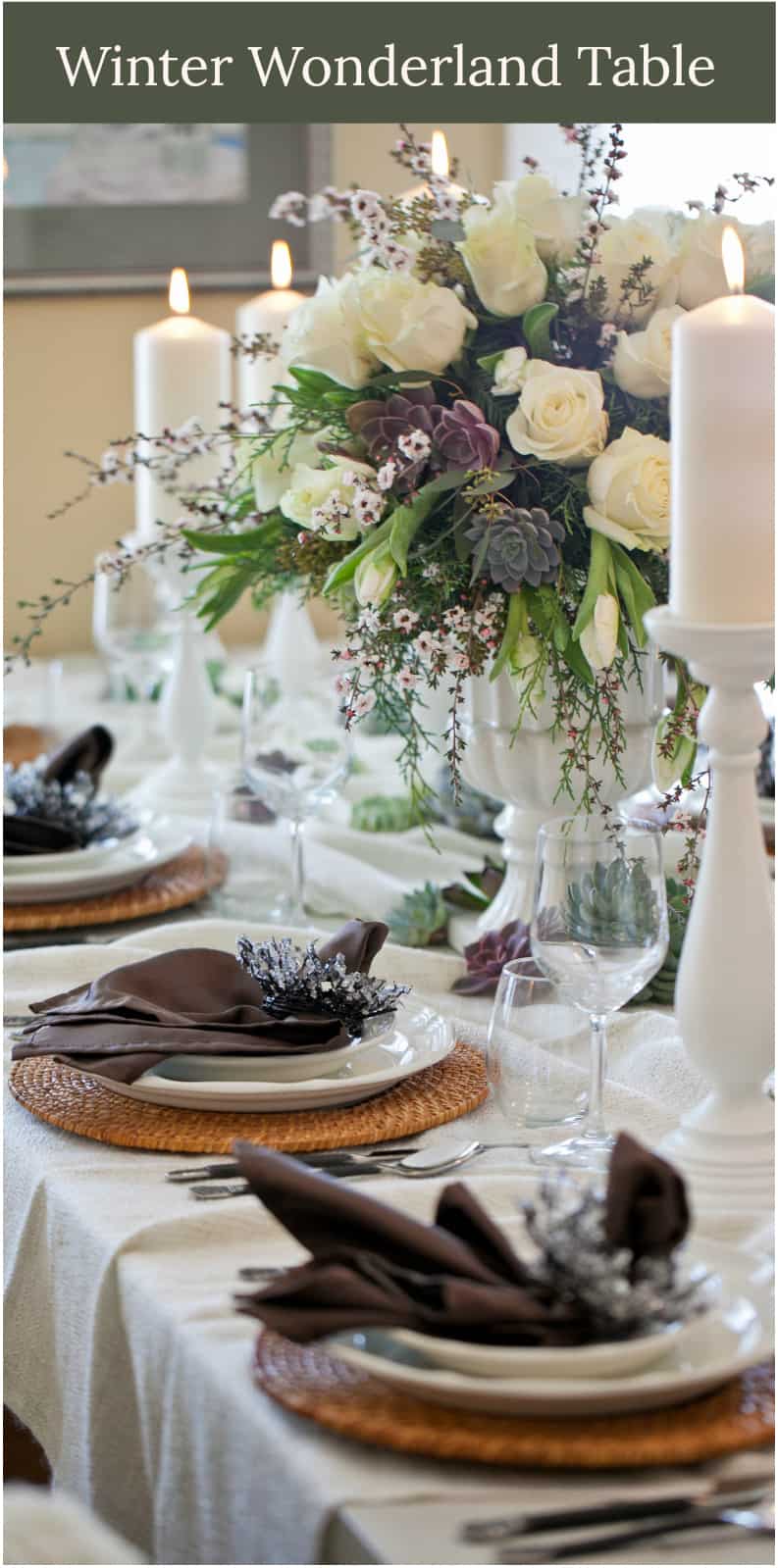 Winter wonderland table setting for a small wedding or family gathering.