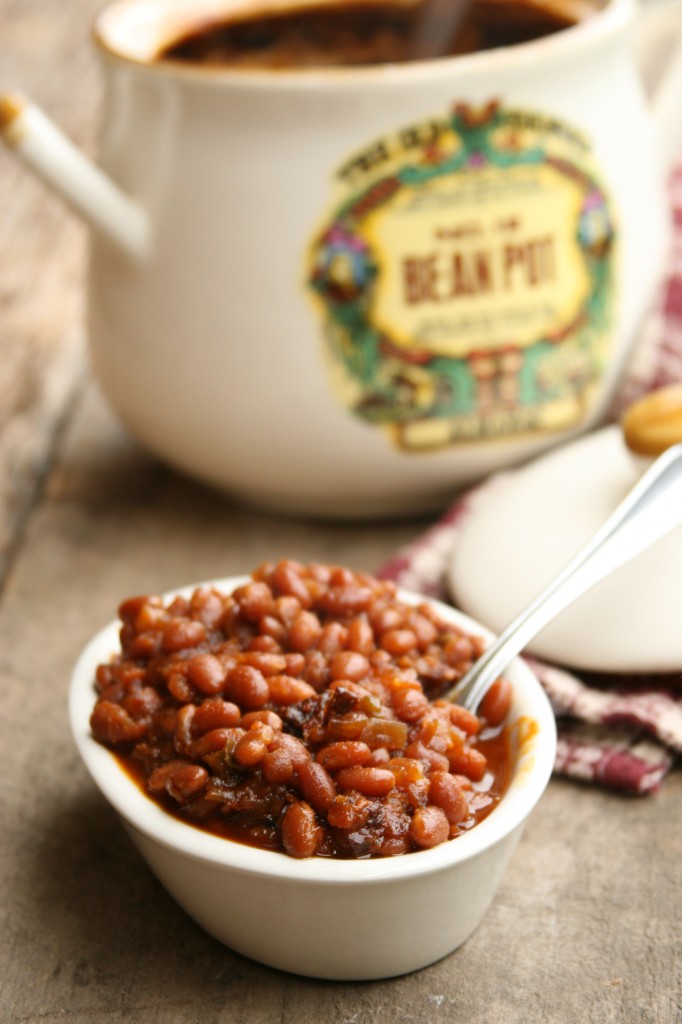 Country Style Baked Beans in vintage bean pot with two handles