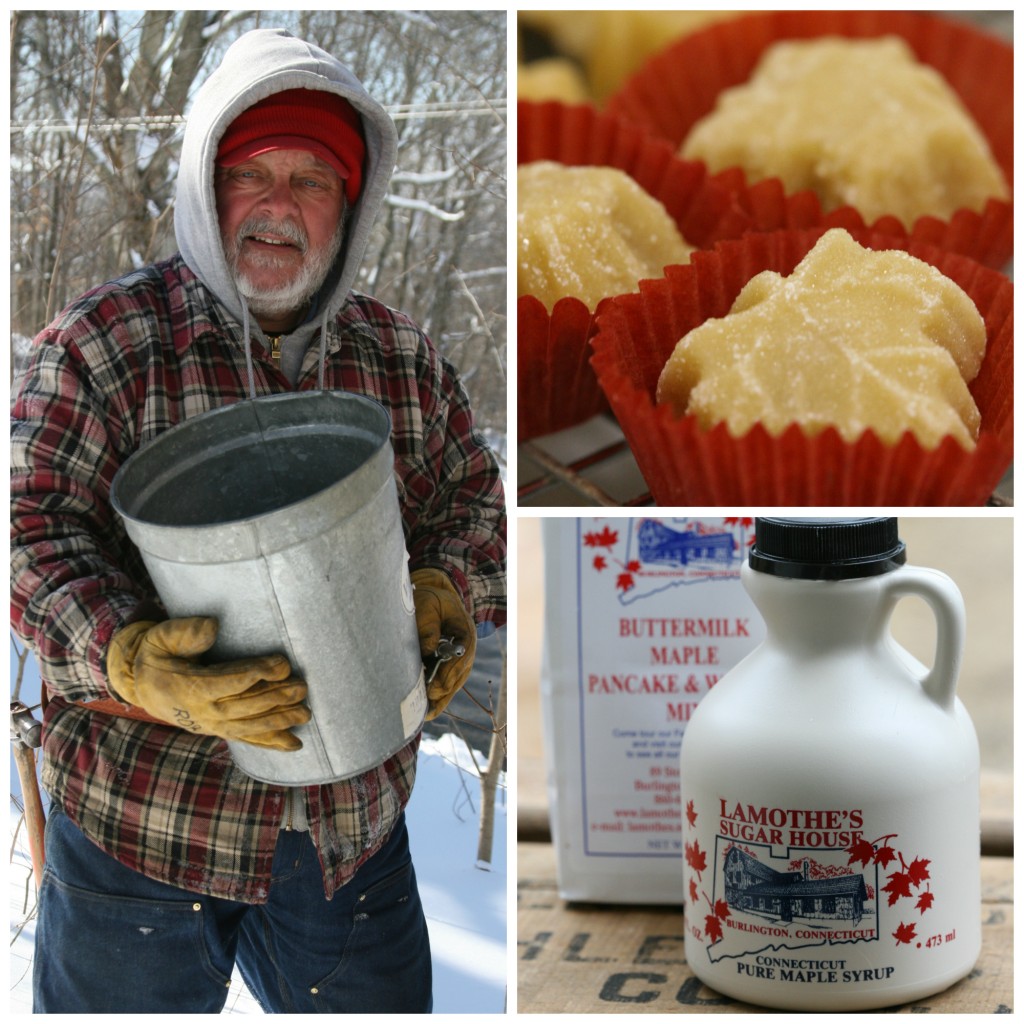 Man collecting maple sap from a galvanized bucket and maple syrup in plastic containers