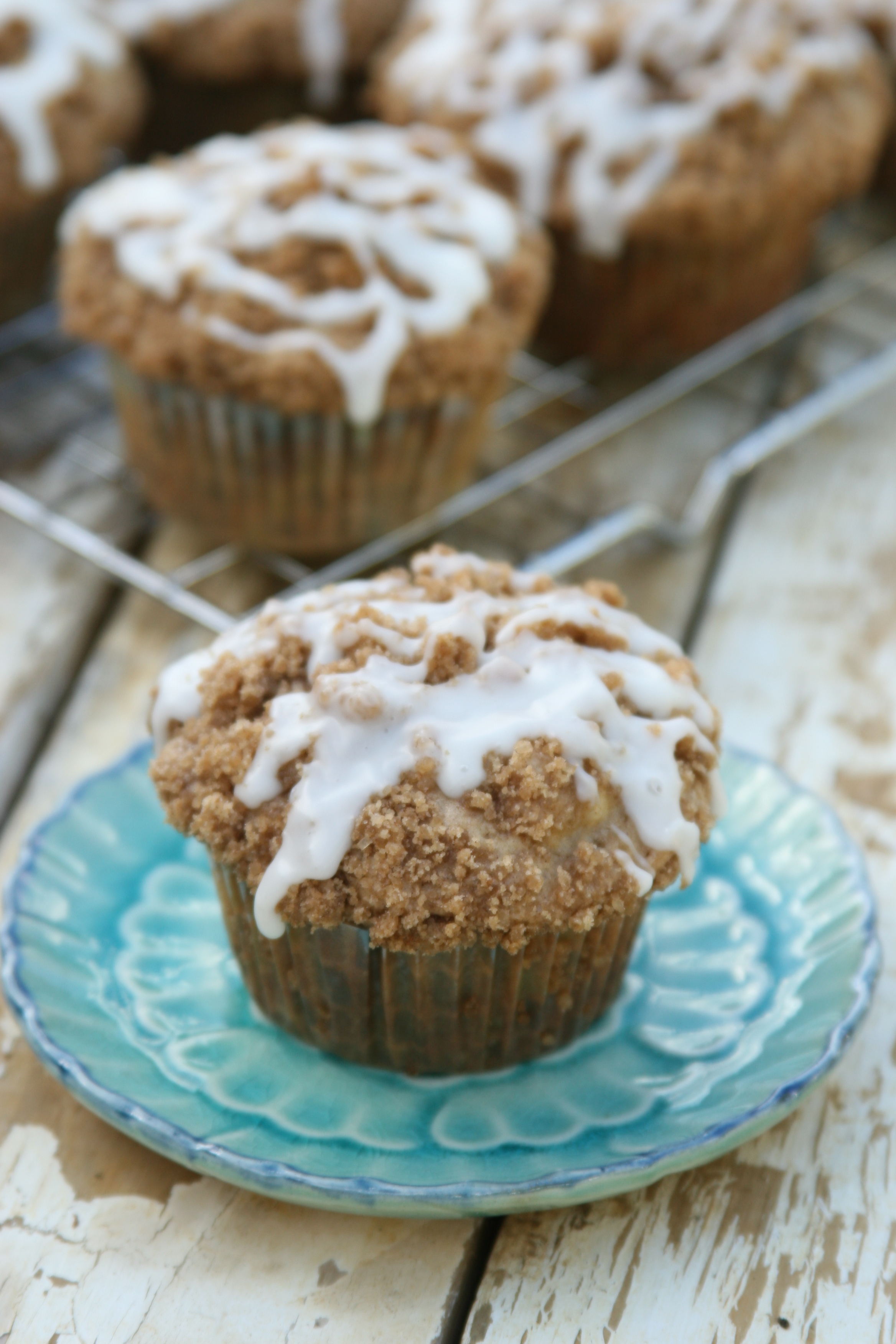 Apple Oat Muffins on small teal green floral plate.