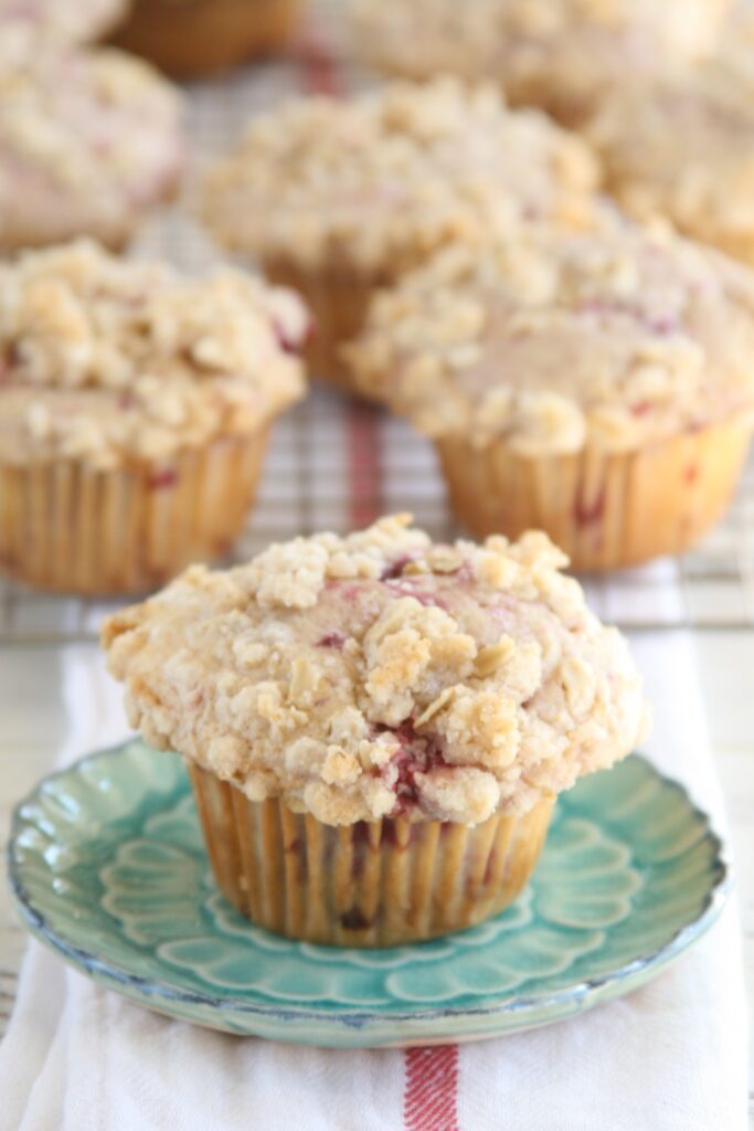Raspberry streusel muffins sitting on aqua color floral plate with oatmeal crumb streusel topping