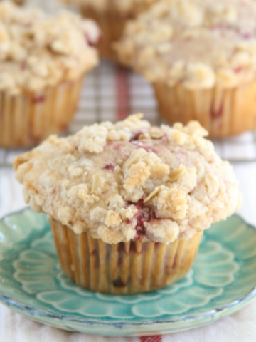 Raspberry Streusel muffins on a small teal color plate