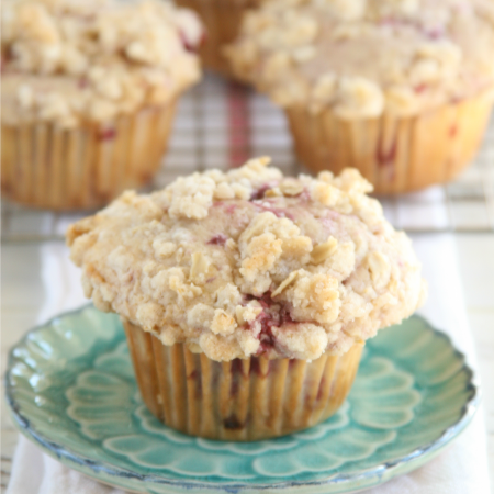 Raspberry Streusel muffins on a small teal color plate