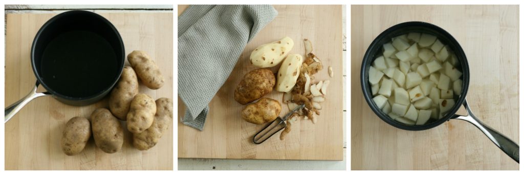 step images of peeling potatatoes for mashed potatoes