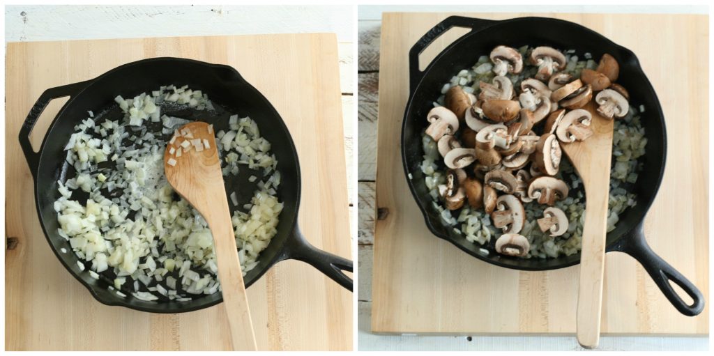 mushrooms and onions sauteing in a cast iron skillet with a wooden spoon