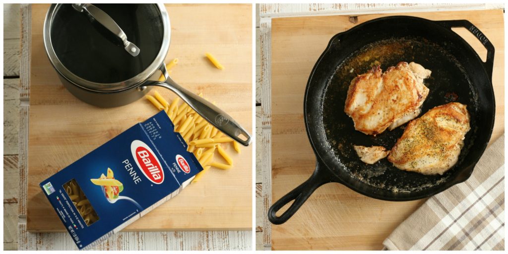 chicken breasts cooking in a cast iron skillet