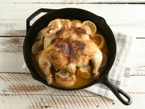 cast iron whole chicken with lemons and white wine