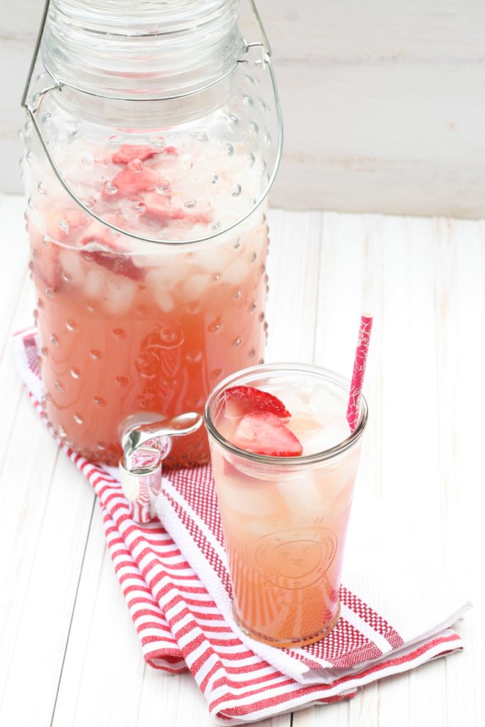 Strawberry rhubrab lemonade sitting on kitchen towel