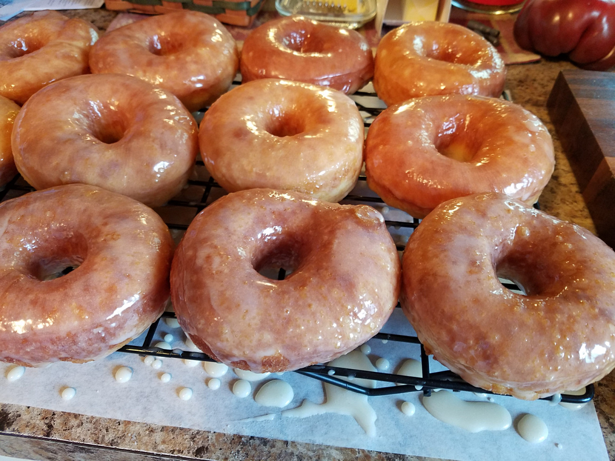 homemade glazed doughnuts on baking rack drying.