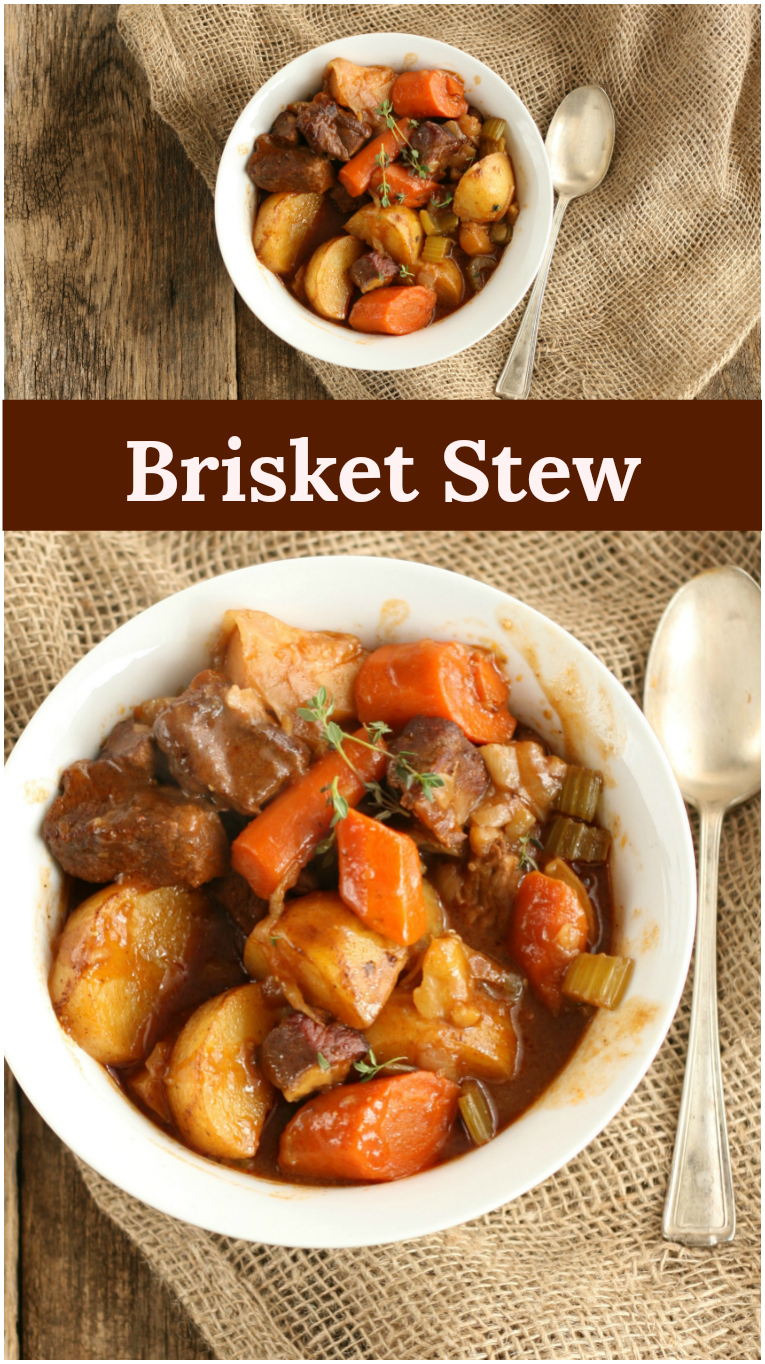 Braised Brisket Stew with carrots, celery, potatoes, and herbs will leave you warm on a cold winter's day. Simple to make in either a Dutch oven or slow cooker. #recipe #foodblogger #homemade #fromscratch #slowcooker