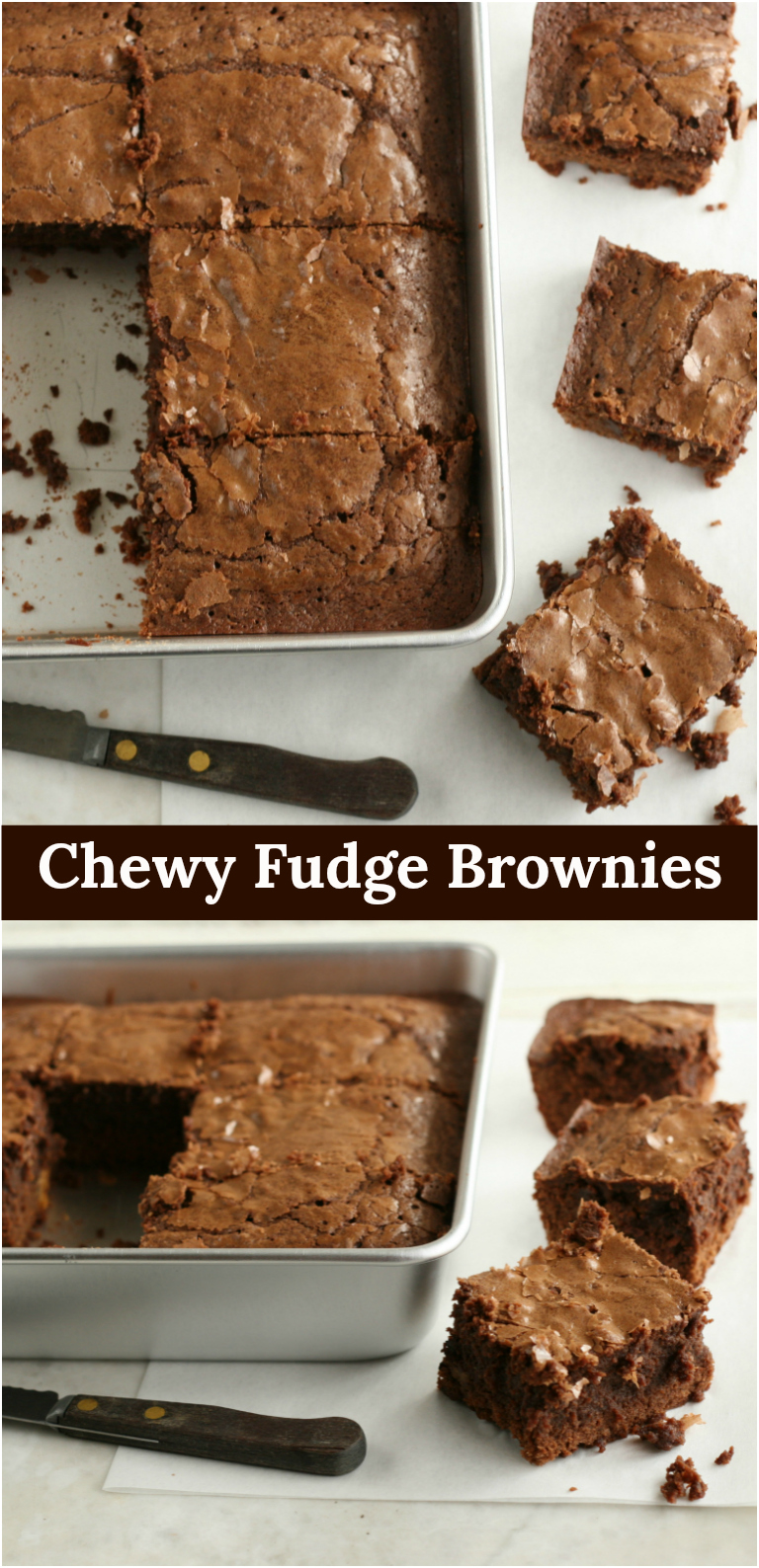 Chewy Fudge Brownies with a glossy flaky top are easy to make! #recipe #fudgebrownies #foodblogger #chocolate