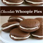 Whoopie pies on white footed glass cake dish