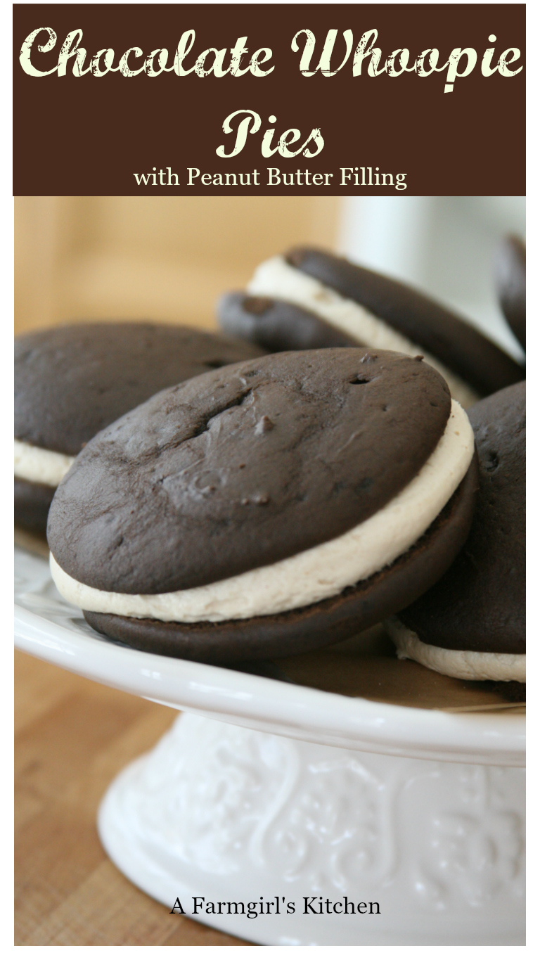 Chocolate Whoopie Pies with Peanut butter frosting are New England tradition. These wonderfully moist cakes are easy to make and filled with peanut butter cream cheese frosting. #recipes #homemade #foodblogger #Afarmgirlskitchen