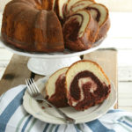 Red velvet Bundt cake sliced on plate