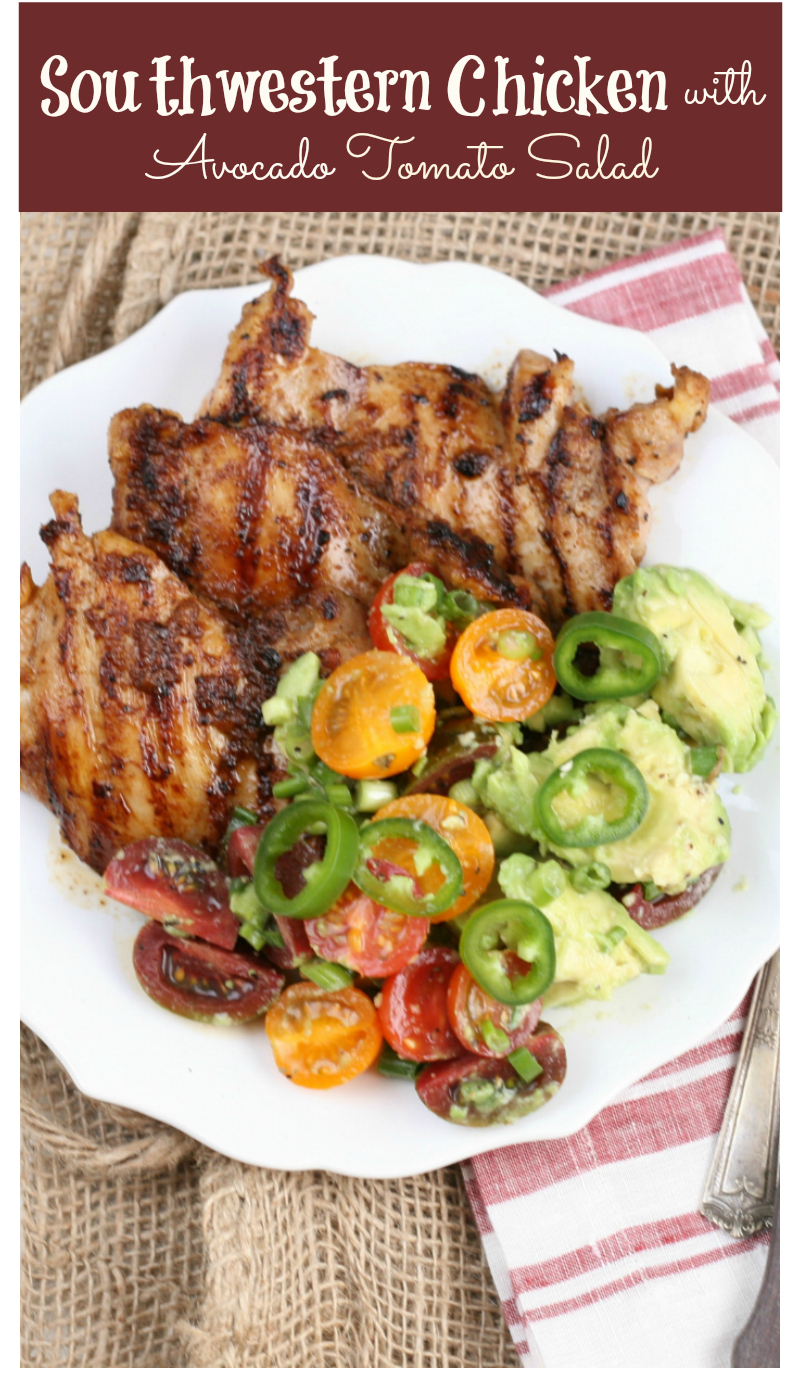 Get the grill ready this summer with Southwesten Chicken and Avocado Tomato Salad. #grilling #chicken #recipes #AFarmgirlskitchen