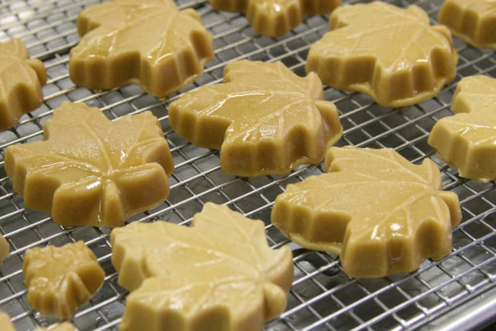 maple leaf shaped pure maple candies drying on a baking rack