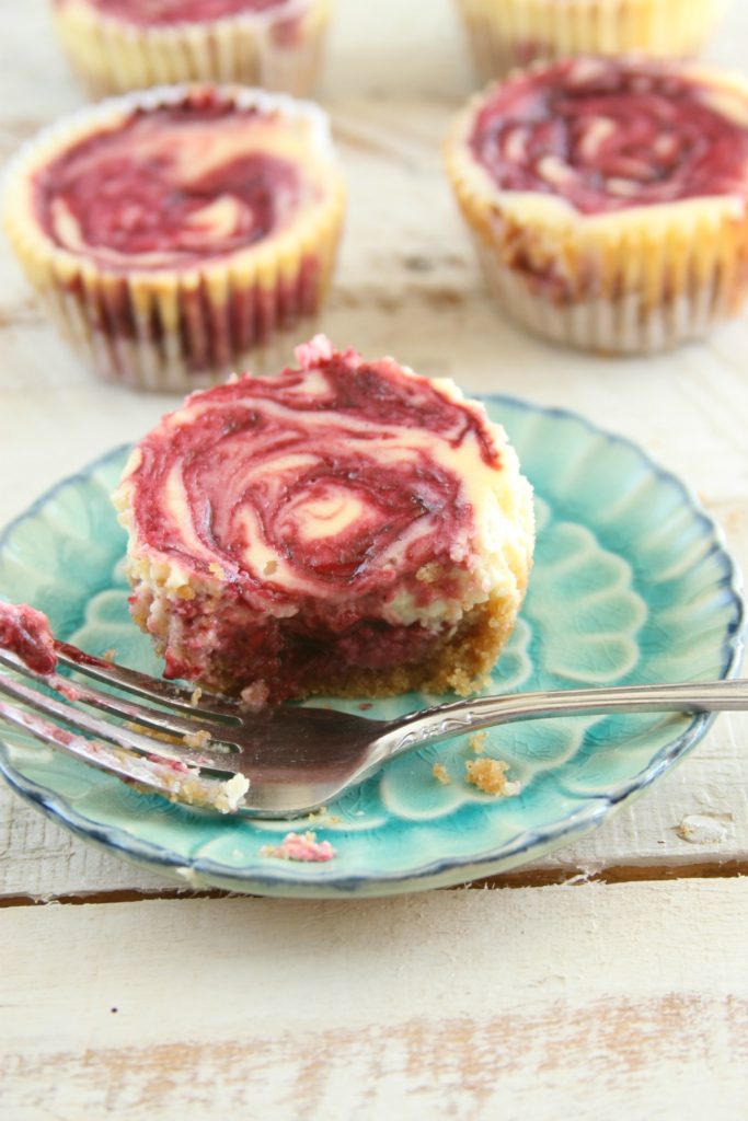 Berry swirl cheesecakes sitting on aqua floral plate