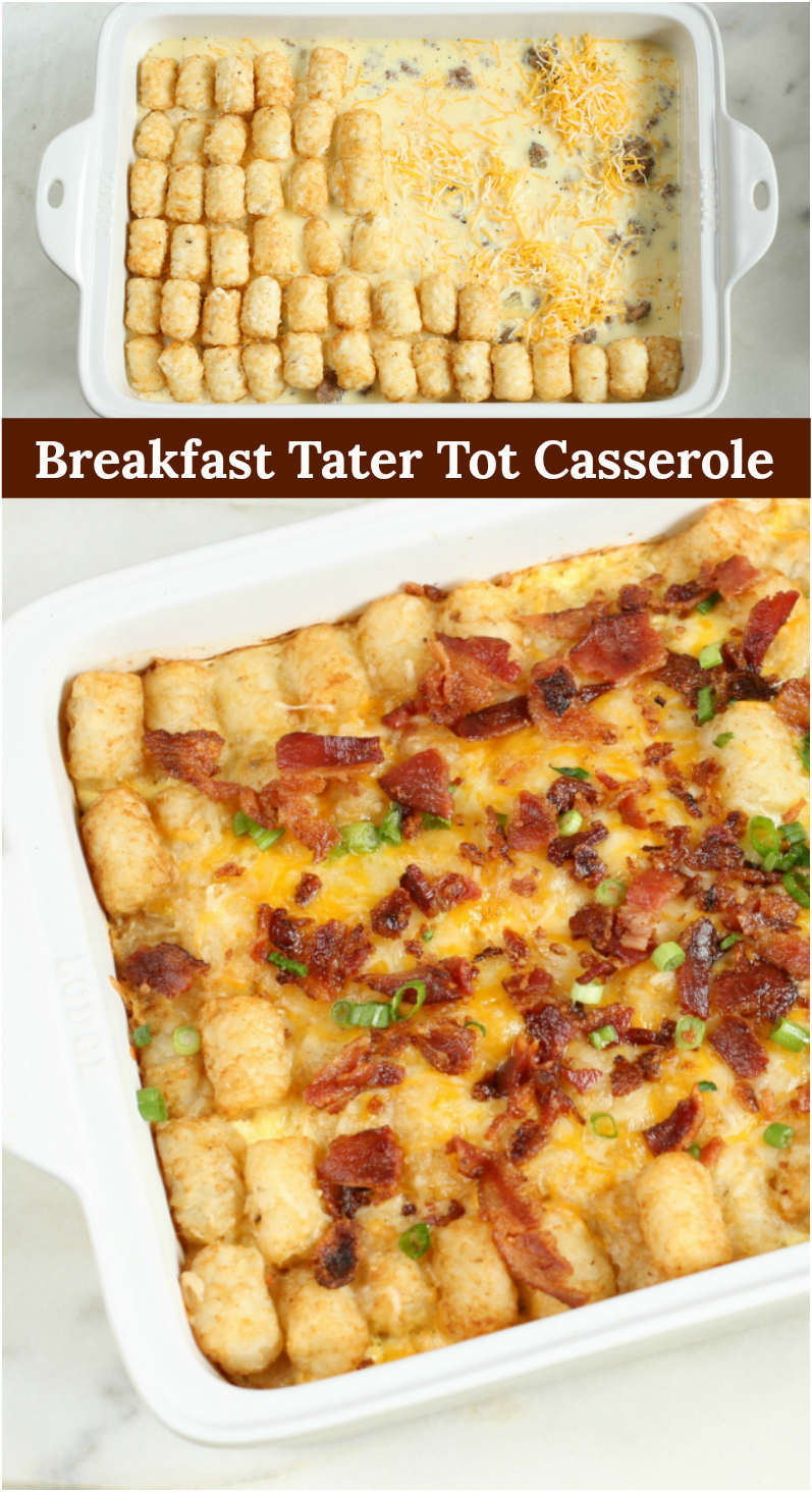This Breakfast Tater Tot Casserole is simple to make and only uses a few ingredients. #recipes #tatertotcasserole #tatertots #breakfast
