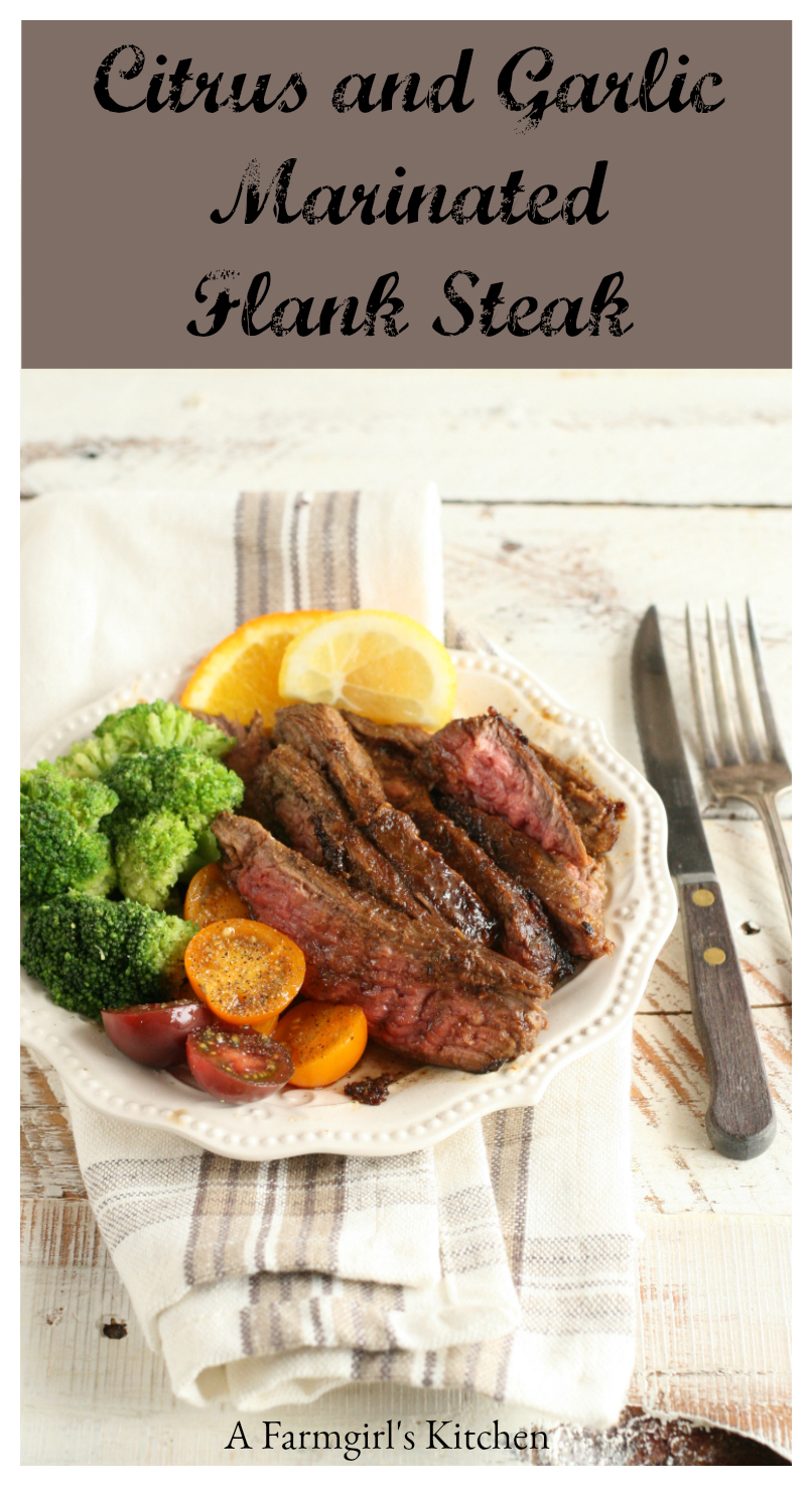 Citrus and Garlic Marinated Flank Steak is super easy to prepare and delicious with steamed broccoli. #recipe #flanksteak #steak #recipes #Afarmgirlskitchen