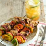 maple barbecue chicken kebabs with bell peppers and onions