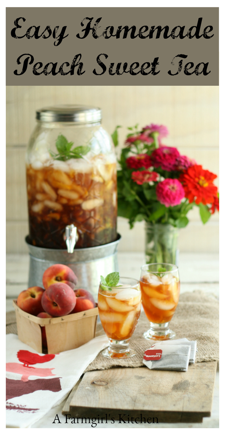 Get ready for summer with Easy Homemade Peach Sweet Tea. Simple to make with all natural ingredients, including sugar and fresh peaches. #recipes #foodblogger #sweettea #peachtea