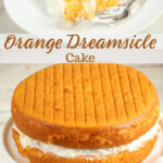 Orange layer cake with pinapple frosting on footed cake dish