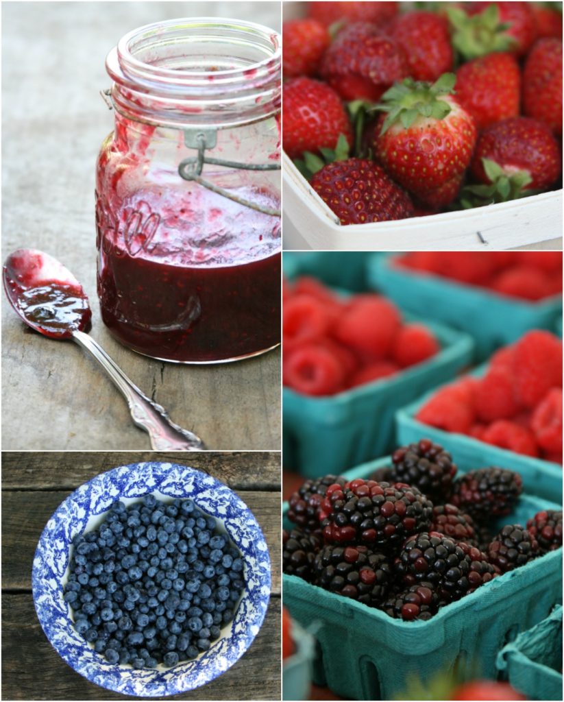 Homemade mixed berry jam in a vintage Ball canning jar. Berries in pint containers.