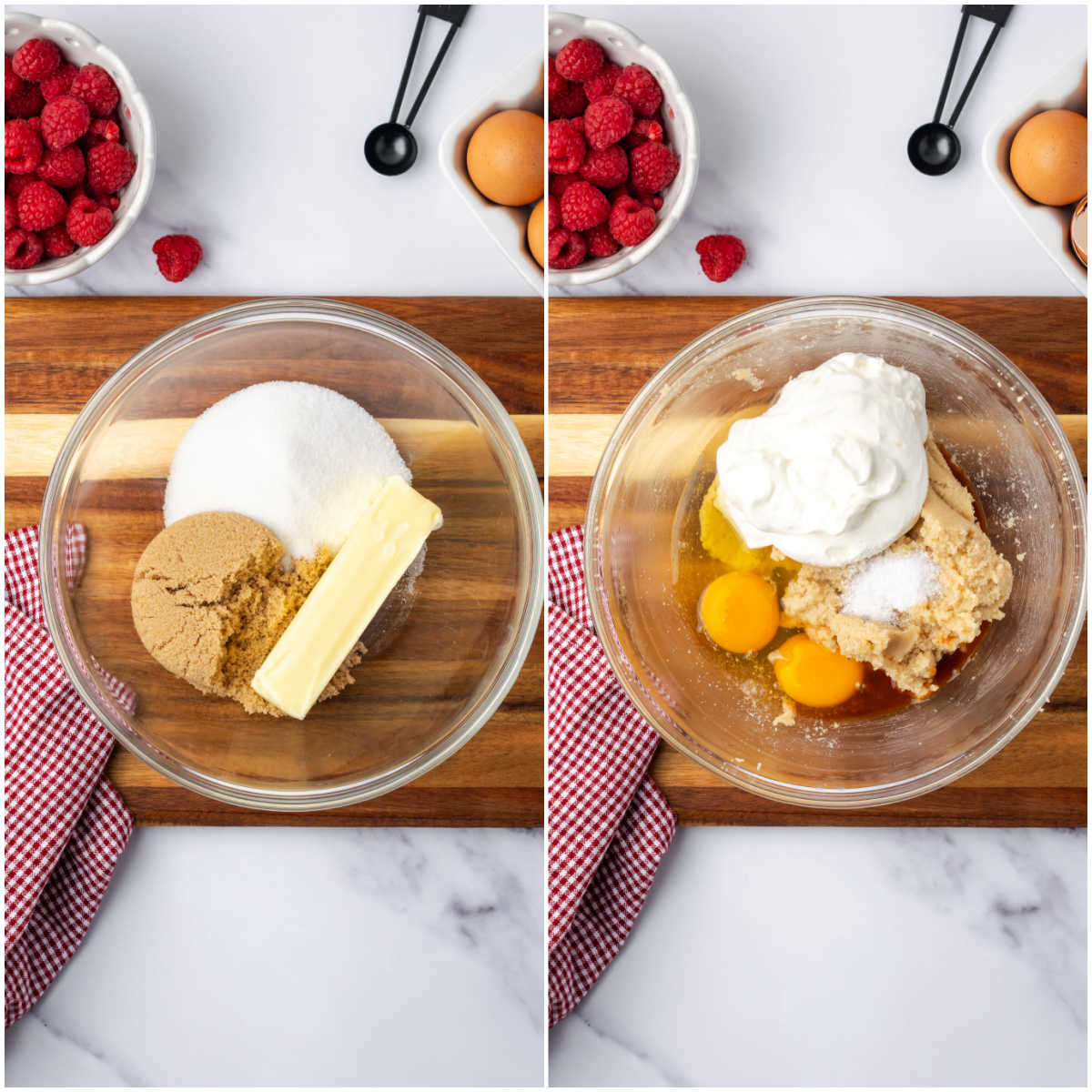 Ingredients for muffins in clear glass bowl, creaming sugar.