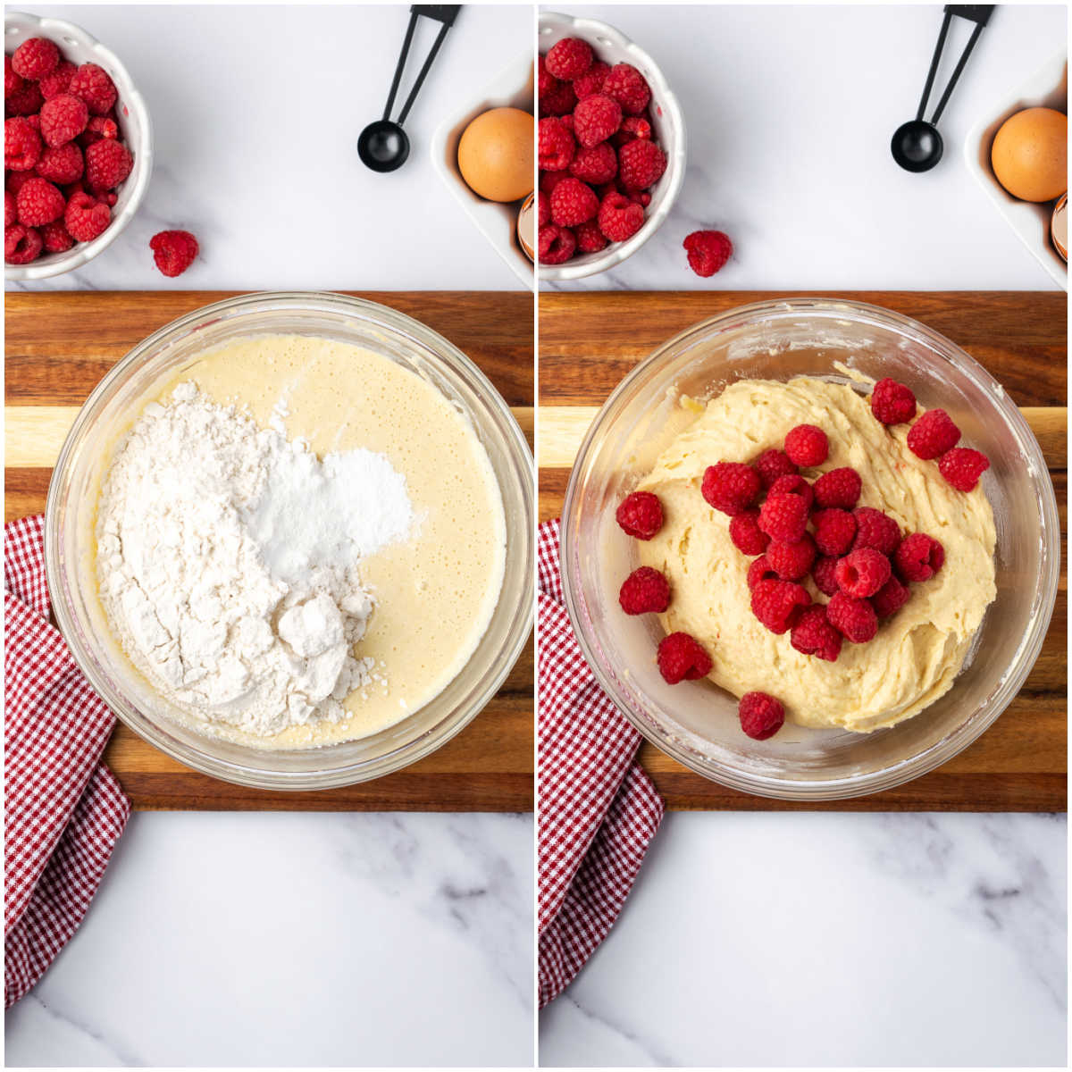 Muffin batter in clear bowl folding in raspberries.