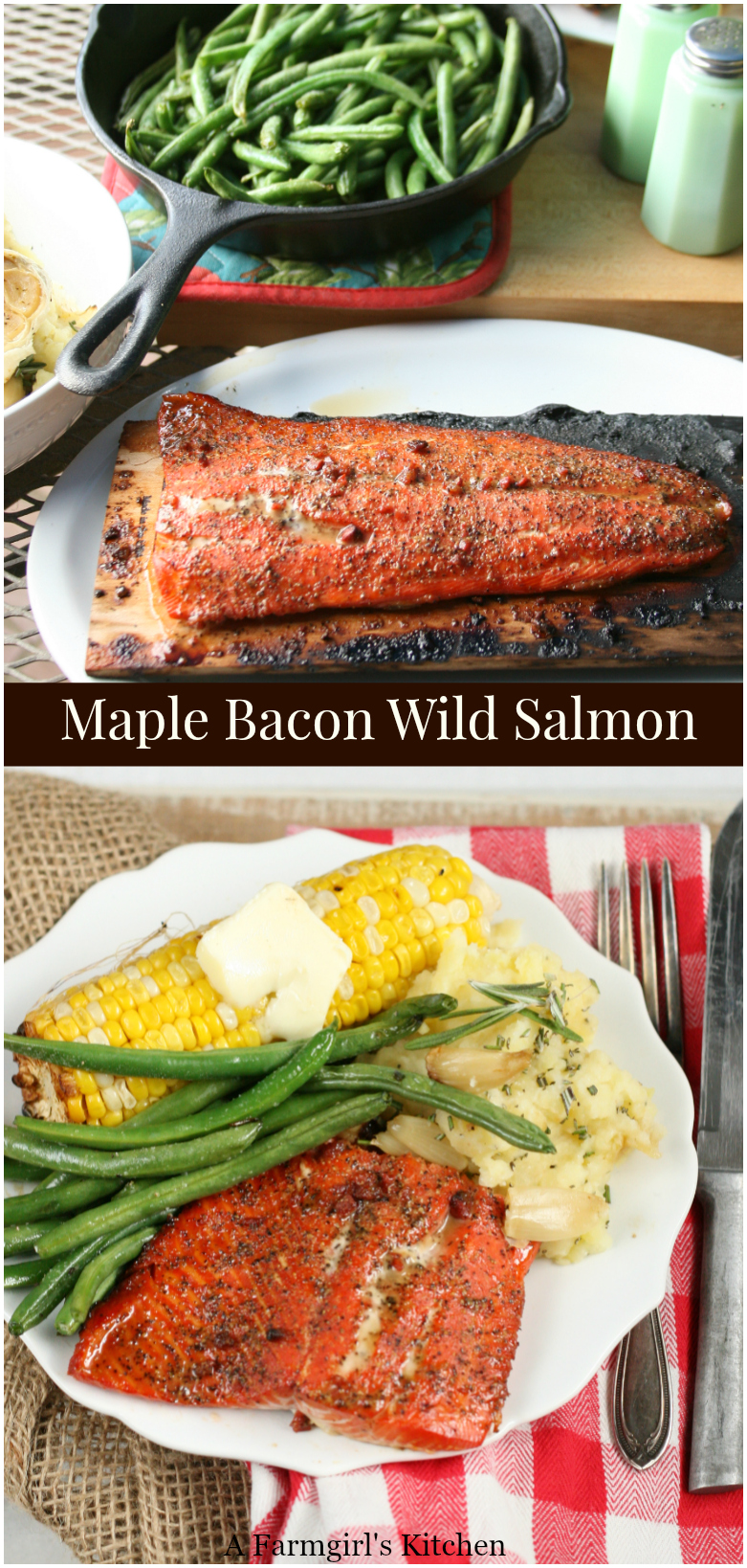 Maple Bacon Wild Salmon is grilled over charcoal on a wooden plank, wonderfully moist and flavorful. Get the #recipe #grilling #grilledsalmon #salmon #easyrecipes