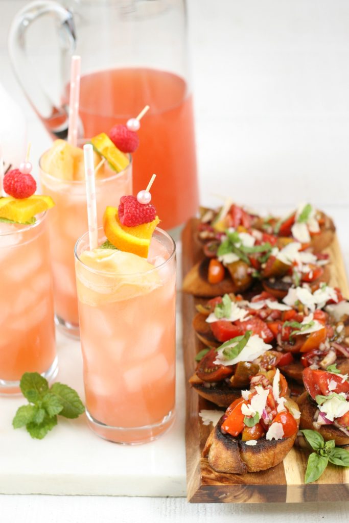 pink bikini cocktails with heirloom tomto bruschetta