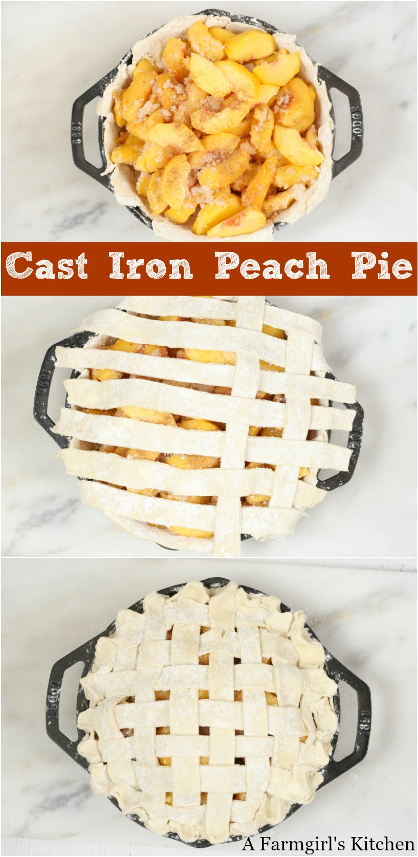 This Cast Iron Peach Pie is simple to make with a homemade lattice crust and baked in a cast iron pan, leaving the crust super flaky. #pastry #PIE #peaches #recipe #peachpie #homemade #bakefromscratch