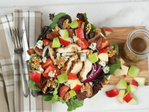 Harvest Chicken Salad with chopped apples, red onion, chunks of blue cheese and grilled chicken