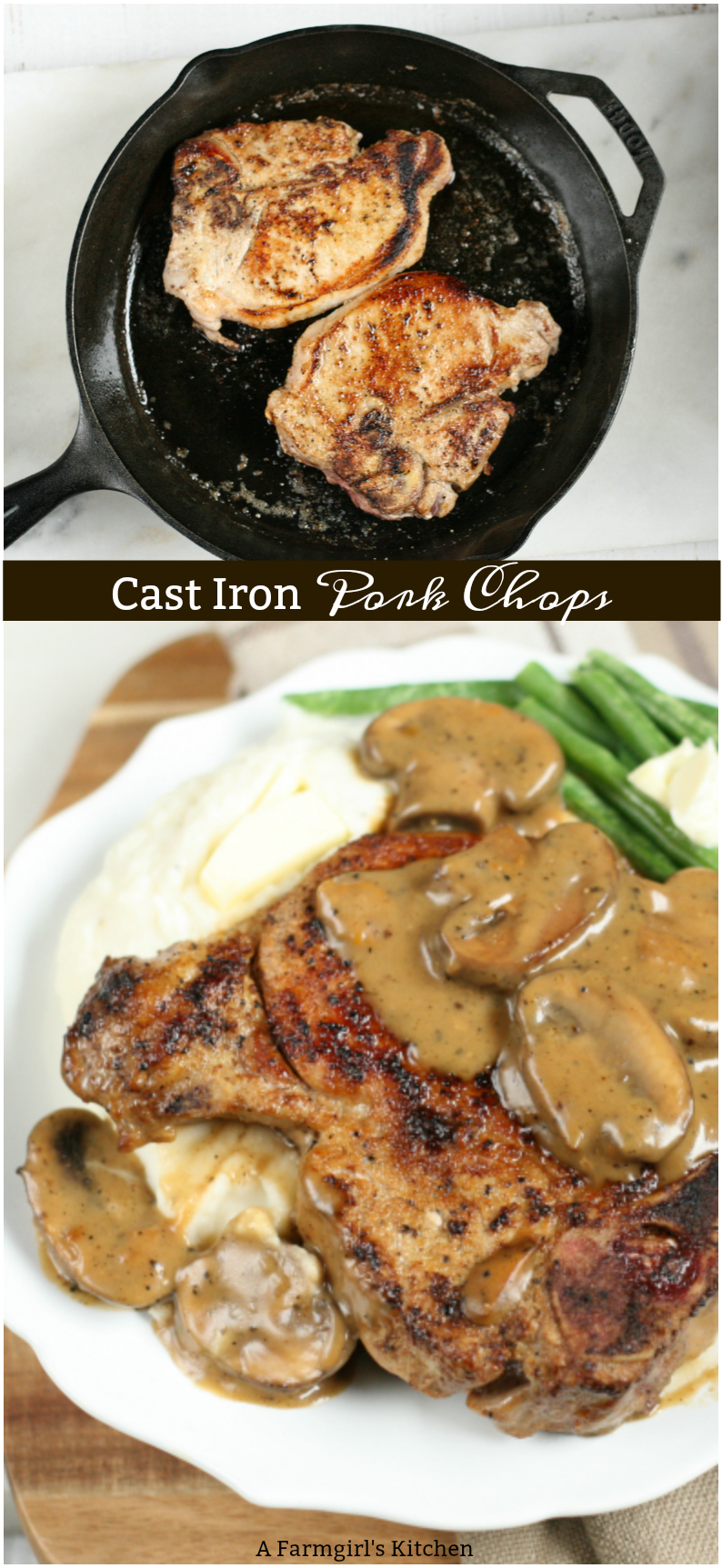 Tender and juicy Cast Iron Pork Chops with sauteed mushrooms and an apricot cream sauce are easy to make. #castironcooking #recipes #sundaysupper #porkchops