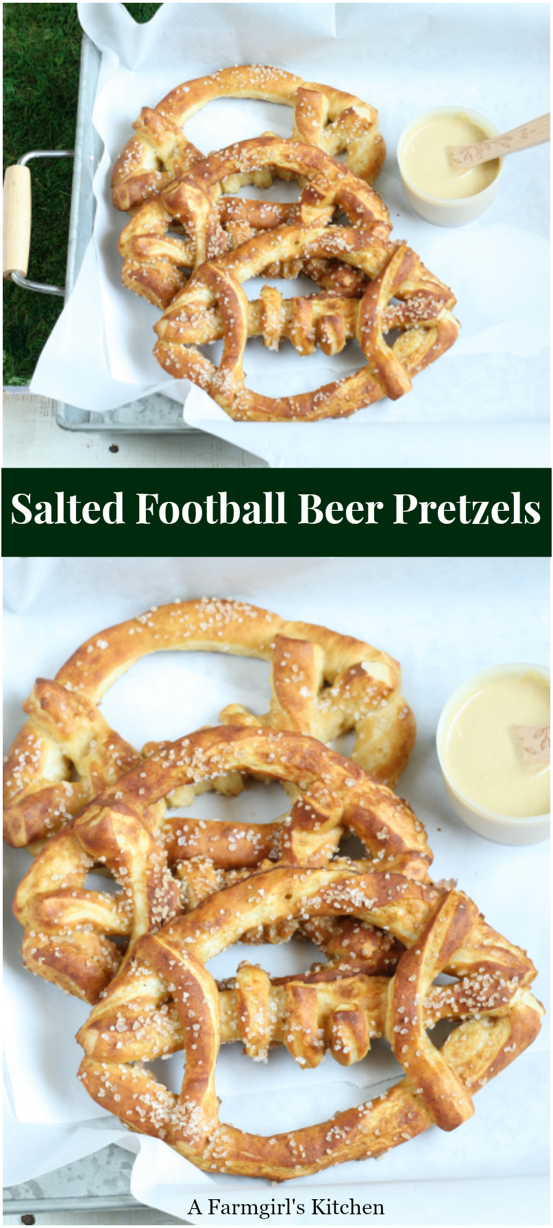 Get in the game day spirit with these Salted Football Beer Pretzels, served up with your favorite dipping sauces. #recipes #footballparty #footballideas #saltedpretzels #homemade