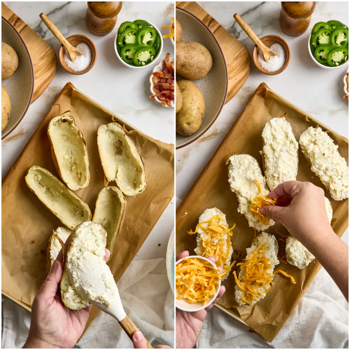 Step images of making twice baked potatoes.