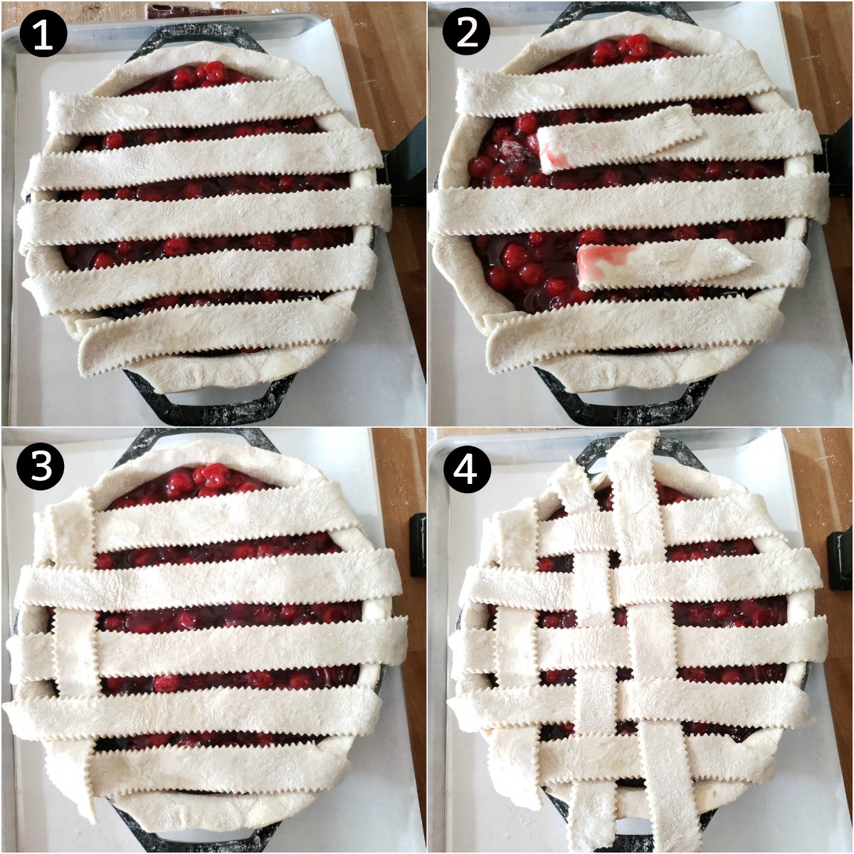 Step images of weaving a lattice pie crust on a cherry pie.