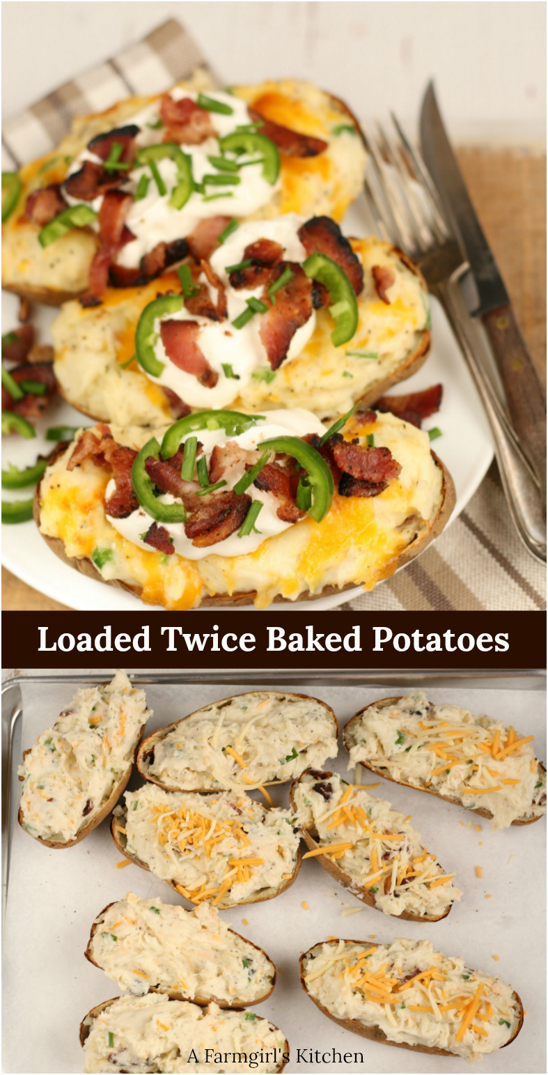 Loaded Twice Baked Potatoes are easy to make and use only a few simple ingredients. Top with shredded cheese, sour cream, bacon, chives, and slices of jalapeno peppers. #recipes #footballparty #twicebakedpotatoes #potatoes #easyrecipes