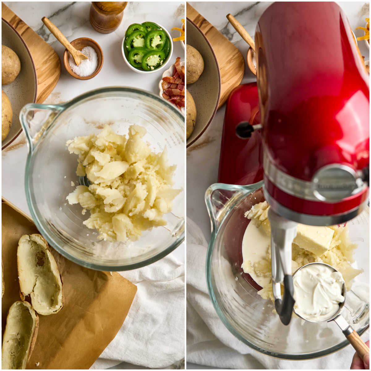 Step images of making mashed potatoes in red KitchenAid mixer.