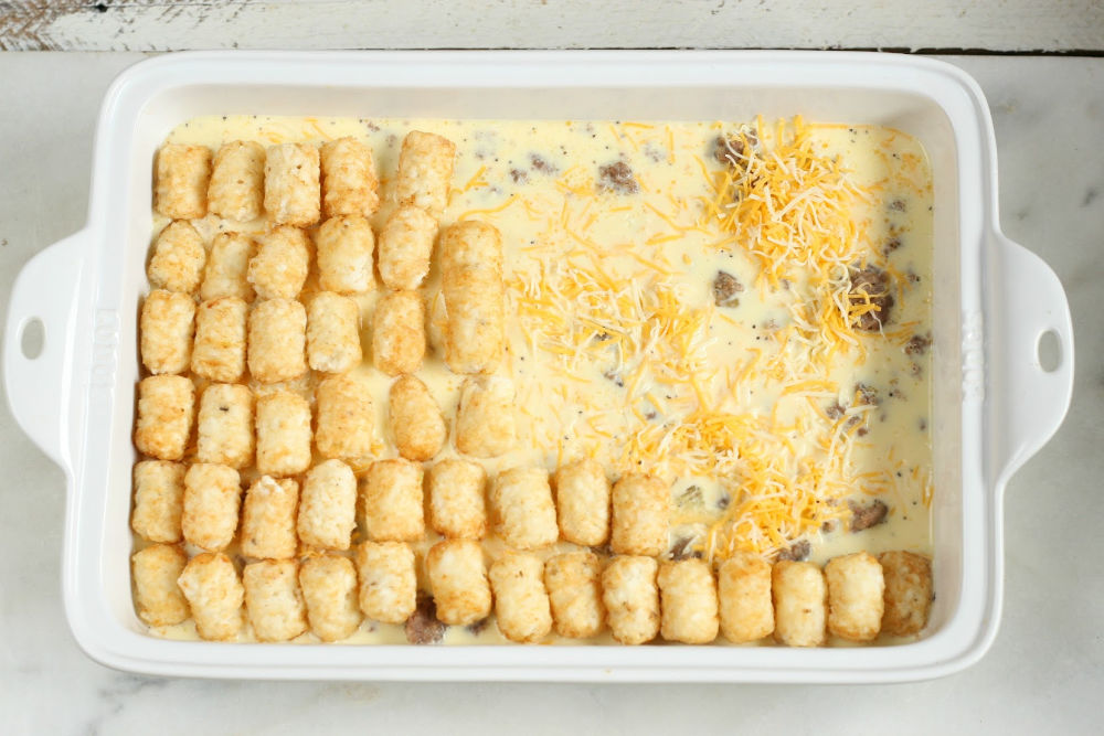 tater tots in breakfast casserole dish