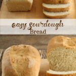 Sourdough bread in loaf shape, one sliced, one still whole on cutting board