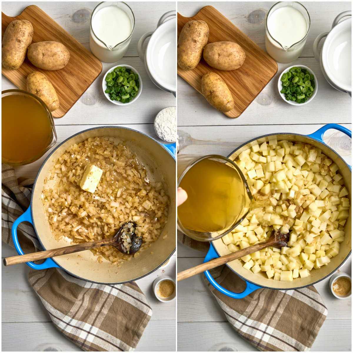 Step images cooking onions, adding potatoes and broth in blue Dutch oven.