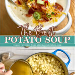Potato soup with bacon, cheese, green onion in white crock on wooden cutting board.
