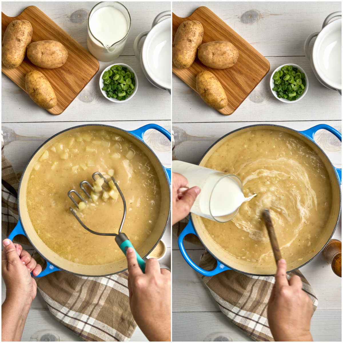 Step images making potato soup, adding cream and mashing potatoes in blue Dutch oven.