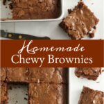 chewy brownies cut up on white marble, square baking pan to the side with more brownies