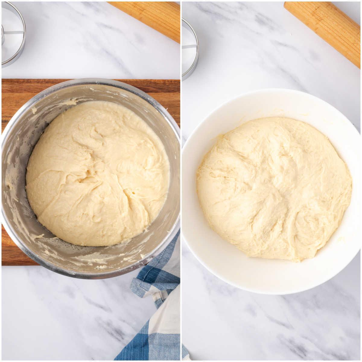 Step images of dough in mixing bowl.