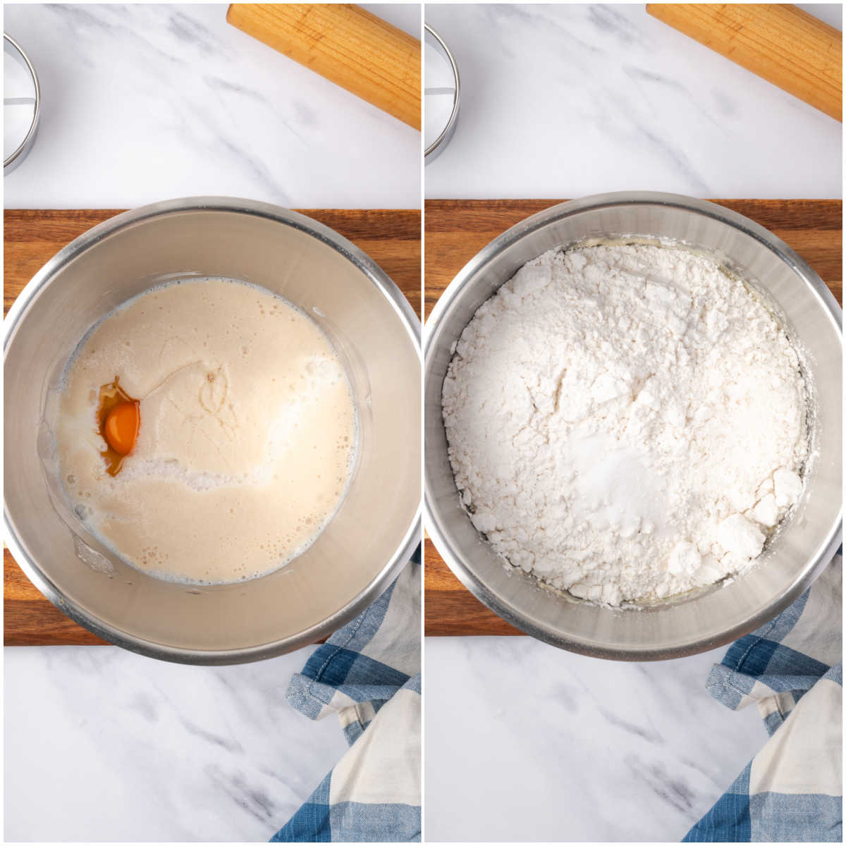 Step images making donut dough in mixing bowl.