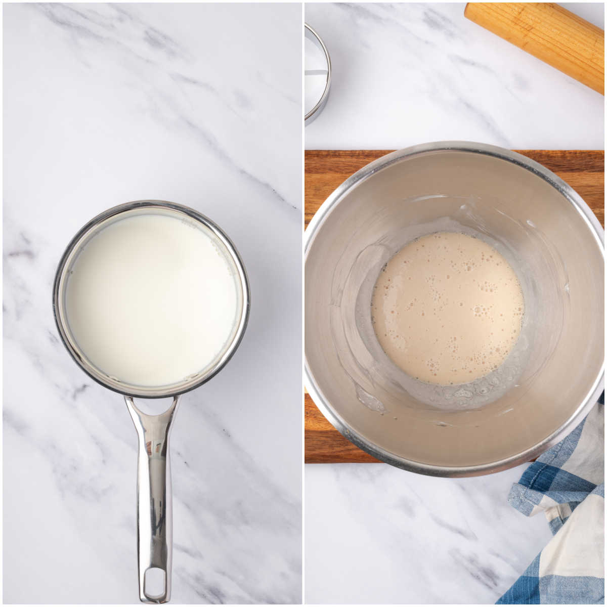 Scaled milk in saucepan, yeast foaming in metal mixing bowl.