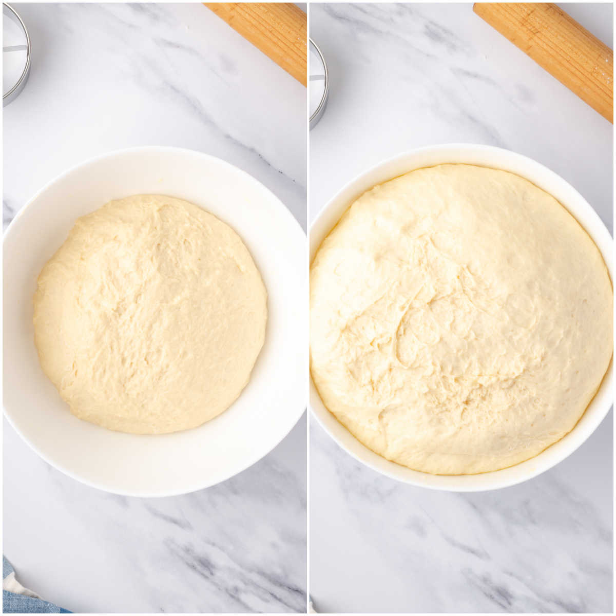 Donut dough rising in white bowl.