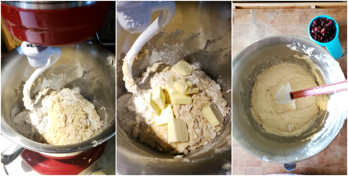 Hot Cross Buns dough in Kitchenaid mixer. Adding butter into the dough.
